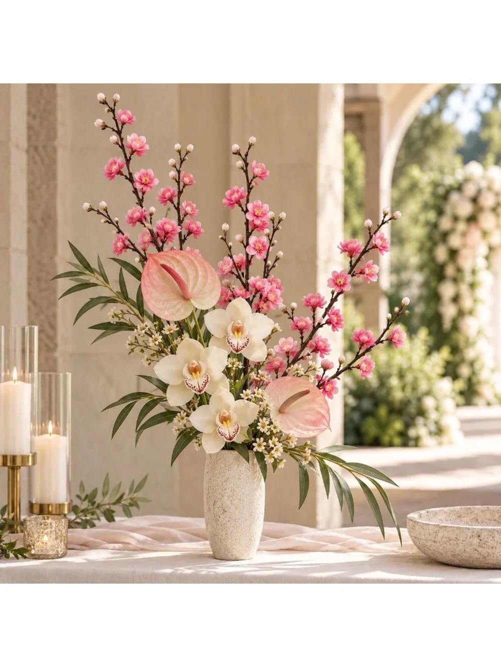 Pink Artificial Cherry Blossom Stems Set of 5, 22 Inch Faux Floral Branches, Spr